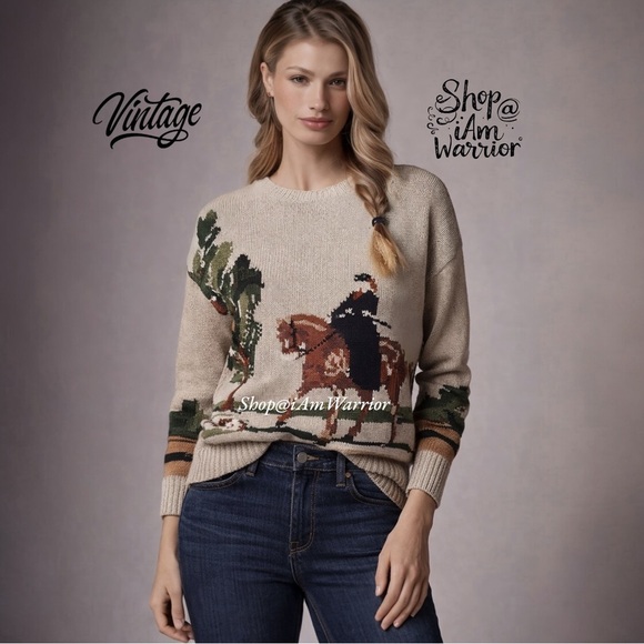 RARE vintage intarsia equestrian hunter with dog motif crewneck crewneck sweater - Picture 5 of 14